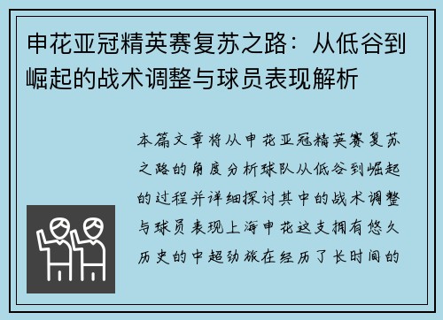 申花亚冠精英赛复苏之路：从低谷到崛起的战术调整与球员表现解析