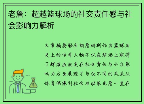 老詹：超越篮球场的社交责任感与社会影响力解析