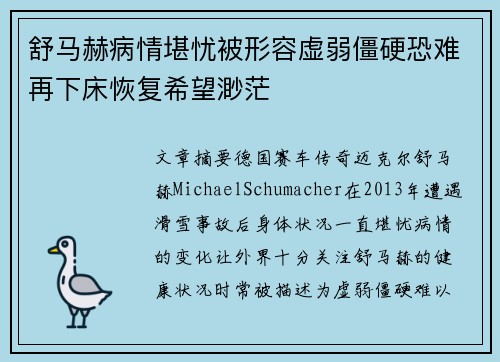 舒马赫病情堪忧被形容虚弱僵硬恐难再下床恢复希望渺茫